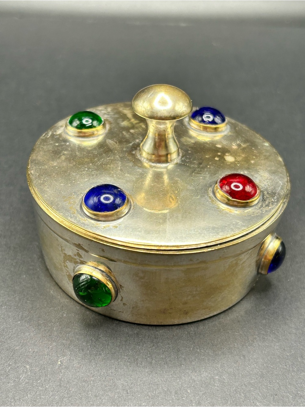 VTG Silvertone Lidded Dish Box‎ with Glass Jewels